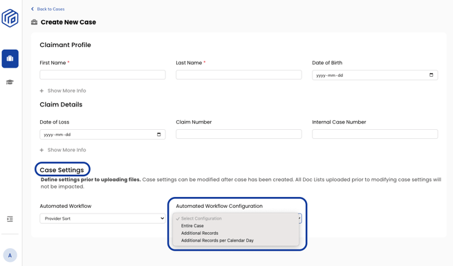 Auto WF Config Case Settings