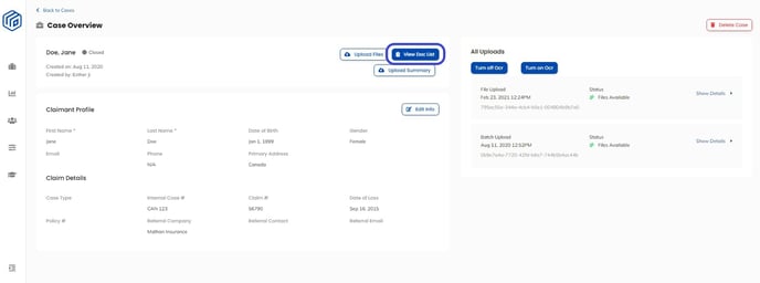 Case Overview Page - View Doc List Button