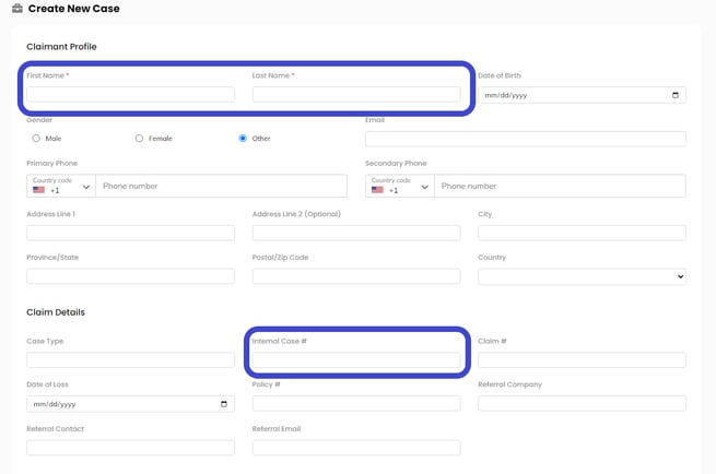 Create New Case Page - boxes