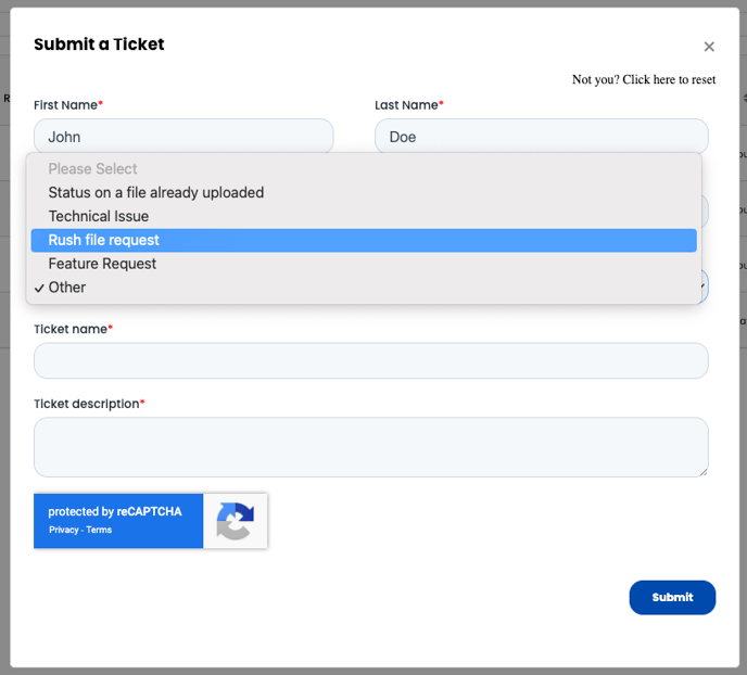 Help Desk Pop Up Form - Ticket Categories
